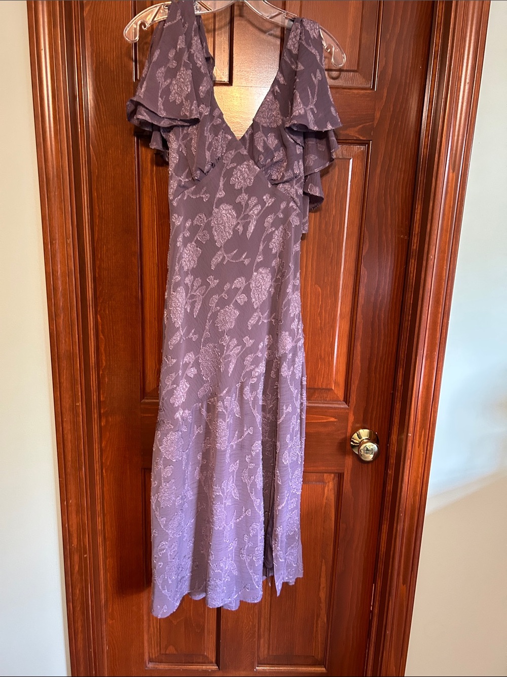 Lavender Floral Ruffle V-Neck Maxi Dress